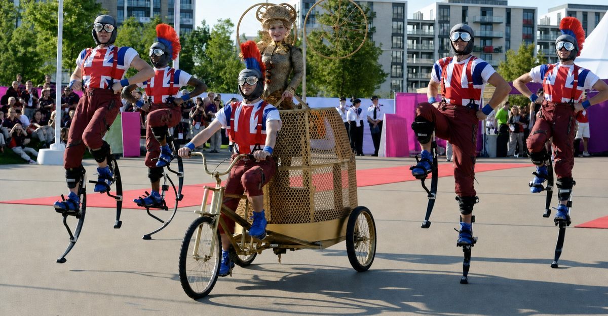 Künstler auf Sprungstelzen nehmen in Kostümen an einer Parade im Freien teil
