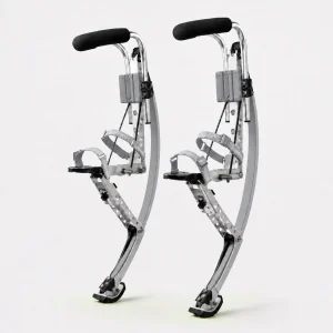 Pair of adult silver jumping stilts on a white background